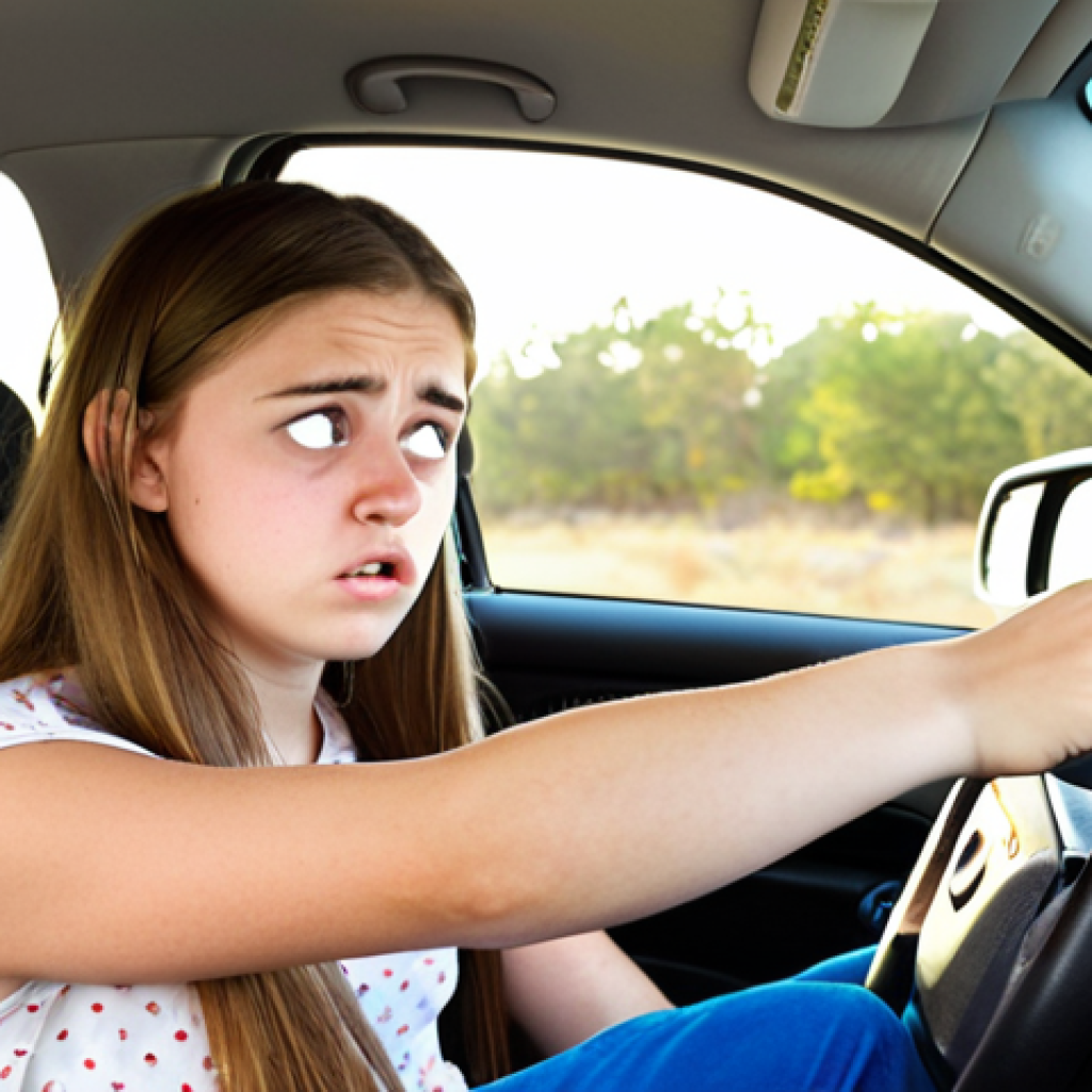 A nervous teenager taking a driving road test, gripping the steering wheel tightly, with the DMV evaluator observing from the passenger seat. Focus on the teenager's anxious expression and the evaluator's critical gaze. The scene should be inside the car, capturing the tension and pressure of the moment.