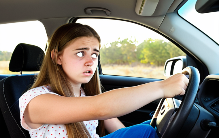 A nervous teenager taking a driving road test, gripping the steering wheel tightly, with the DMV evaluator observing from the passenger seat. Focus on the teenager's anxious expression and the evaluator's critical gaze. The scene should be inside the car, capturing the tension and pressure of the moment.