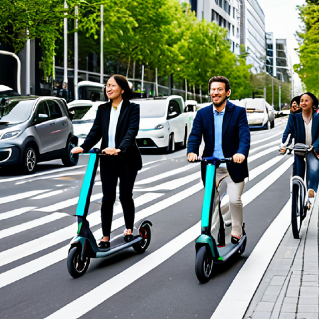 A diverse group of individuals, including professionals in business attire, a family, and young adults, navigating a futuristic urban street scene. They are utilizing various modern transportation options: an autonomous electric shuttle glides quietly in a dedicated lane, an individual rides an e-scooter on a shared path, and others walk or cycle in a designated bike lane. Smart traffic signals with integrated sensors glow subtly, and a public EV charging station is visible. The architecture is clean, modern, and incorporates green spaces. The scene is bright and calm, emphasizing efficiency and interconnectedness. All subjects are fully clothed in modest, appropriate attire, ensuring professional and family-friendly content. Perfect anatomy, correct proportions, well-formed hands, natural poses. Safe for work, appropriate content, high quality, detailed, realistic photography.