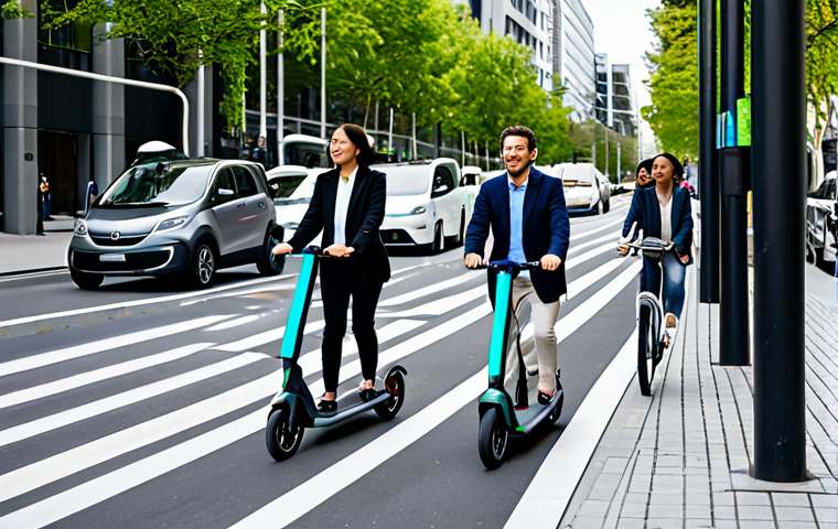 A diverse group of individuals, including professionals in business attire, a family, and young adults, navigating a futuristic urban street scene. They are utilizing various modern transportation options: an autonomous electric shuttle glides quietly in a dedicated lane, an individual rides an e-scooter on a shared path, and others walk or cycle in a designated bike lane. Smart traffic signals with integrated sensors glow subtly, and a public EV charging station is visible. The architecture is clean, modern, and incorporates green spaces. The scene is bright and calm, emphasizing efficiency and interconnectedness. All subjects are fully clothed in modest, appropriate attire, ensuring professional and family-friendly content. Perfect anatomy, correct proportions, well-formed hands, natural poses. Safe for work, appropriate content, high quality, detailed, realistic photography.