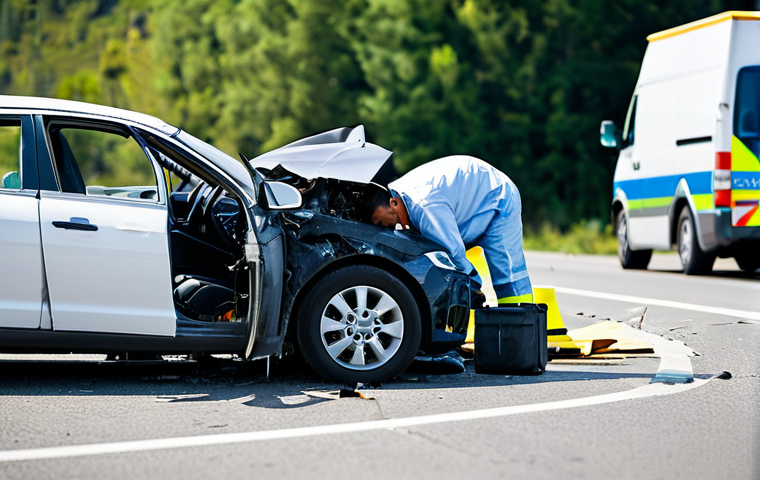 도로교통사 자격증의 실무 활용도 - **
A forensic engineer in a professional setting, meticulously examining a vehicle at an accident s...