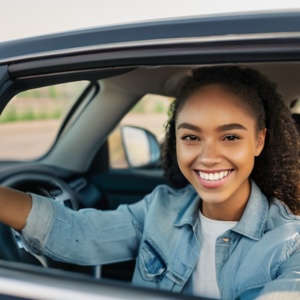 도로교통사 실기시험에서 자주 나오는 실습 - **Prompt:** A jubilant young adult, aged around 20, is sitting in the driver's seat of a modern, cle...