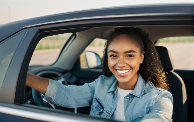 도로교통사 실기시험에서 자주 나오는 실습 - **Prompt:** A jubilant young adult, aged around 20, is sitting in the driver's seat of a modern, cle...