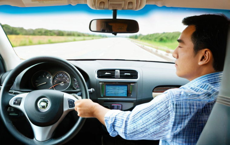도로교통사 실기시험에서 자주 나오는 실습 - **Prompt:** A focused learner driver, appearing to be in their late teens, is meticulously performin...