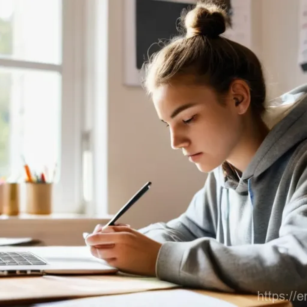 도로교통사 시험 준비 생존기 - **Prompt:** A 16-year-old Caucasian girl, with long brown hair tied in a messy bun, sits at a clean,...