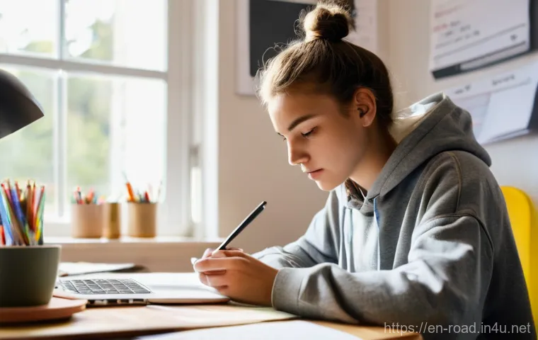 도로교통사 시험 준비 생존기 - **Prompt:** A 16-year-old Caucasian girl, with long brown hair tied in a messy bun, sits at a clean,...