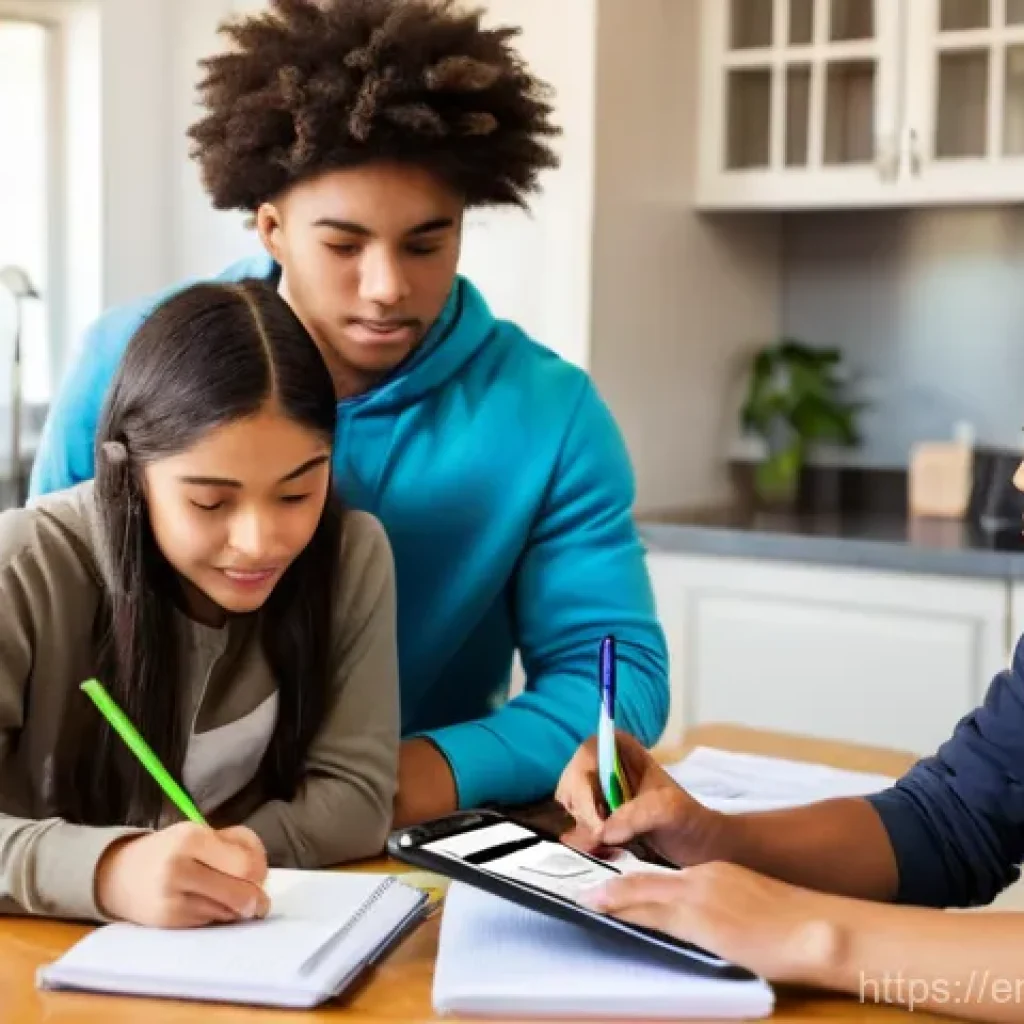 도로교통사 자격증 취득을 위한 장기 목표 - **Prompt:** A diverse group of teenagers, approximately 16-18 years old, gathered around a kitchen t...