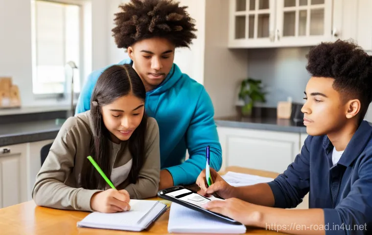 도로교통사 자격증 취득을 위한 장기 목표 - **Prompt:** A diverse group of teenagers, approximately 16-18 years old, gathered around a kitchen t...