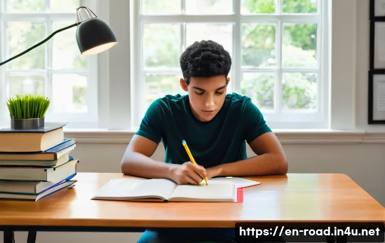 도로교통사 필기시험 필수 암기사항 - **Prompt 1: Focused Study Session**
A young adult, appearing around 18-25 years old, sits comfor...