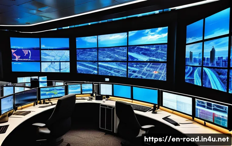 도로교통사 직무에서의 성공 전략 - A busy urban traffic control center at night, filled with large digital screens showing real-time tr...