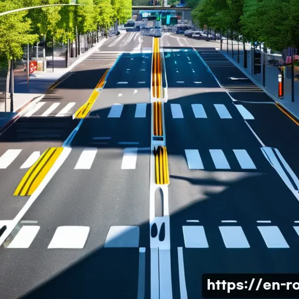 도로교통사 실무에서의 장단점 분석 - A vibrant urban intersection at rush hour featuring modern traffic management: clearly marked pedest...