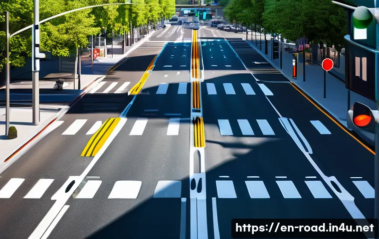 도로교통사 실무에서의 장단점 분석 - A vibrant urban intersection at rush hour featuring modern traffic management: clearly marked pedest...