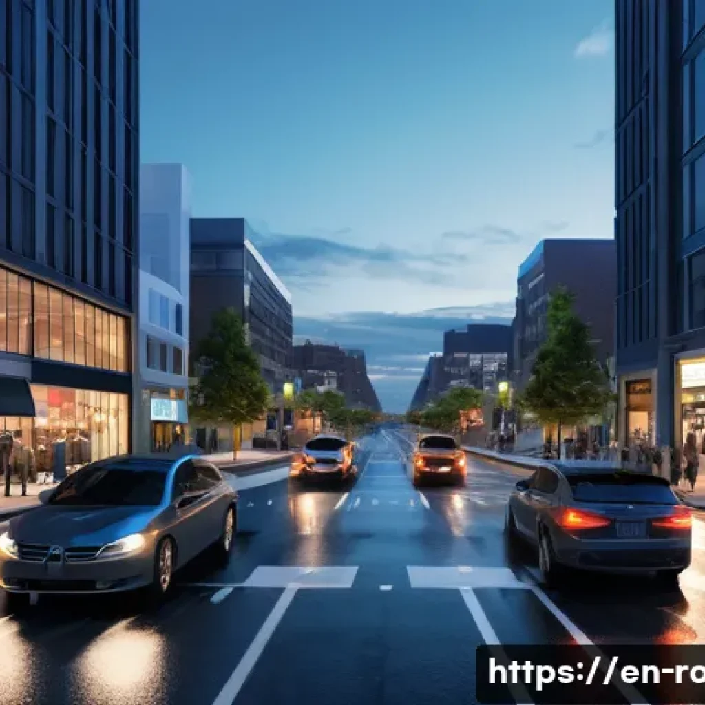 도로교통사 필기시험 고득점 사례 - A detailed urban four-way stop intersection scene at dusk, featuring multiple cars arriving simultan...