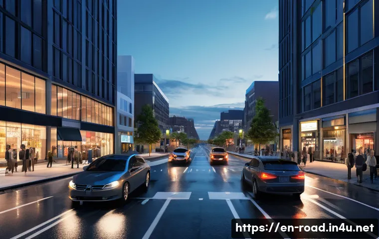 도로교통사 필기시험 고득점 사례 - A detailed urban four-way stop intersection scene at dusk, featuring multiple cars arriving simultan...