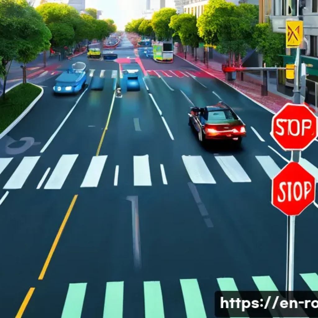 도로교통사 필기시험 예상문제 - A detailed, realistic scene of a busy urban intersection during daytime, featuring various traffic s...