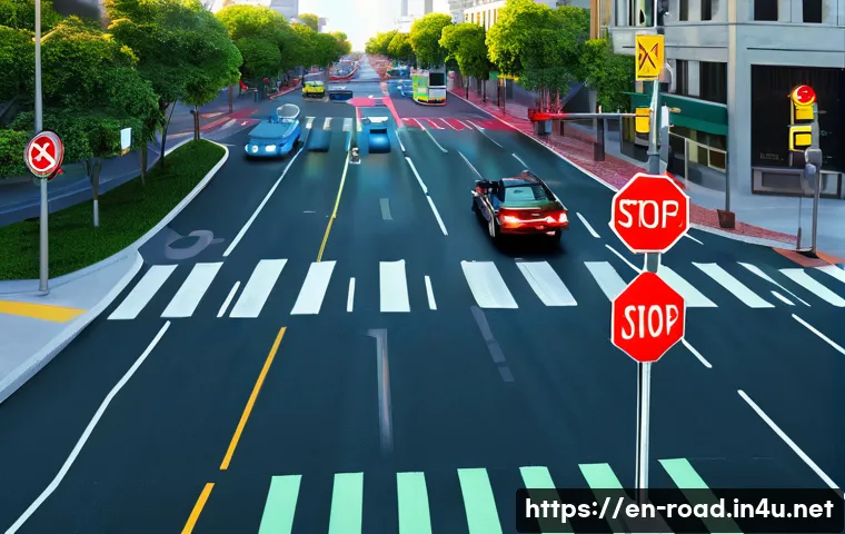 도로교통사 필기시험 예상문제 - A detailed, realistic scene of a busy urban intersection during daytime, featuring various traffic s...