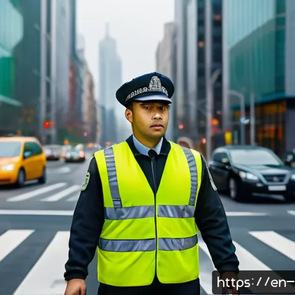 도로교통사 직무에 적합한 성격 - A focused traffic officer standing confidently at a busy urban intersection during rush hour, wearin...