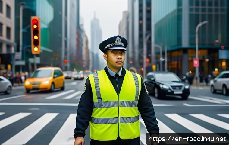 도로교통사 직무에 적합한 성격 - A focused traffic officer standing confidently at a busy urban intersection during rush hour, wearin...