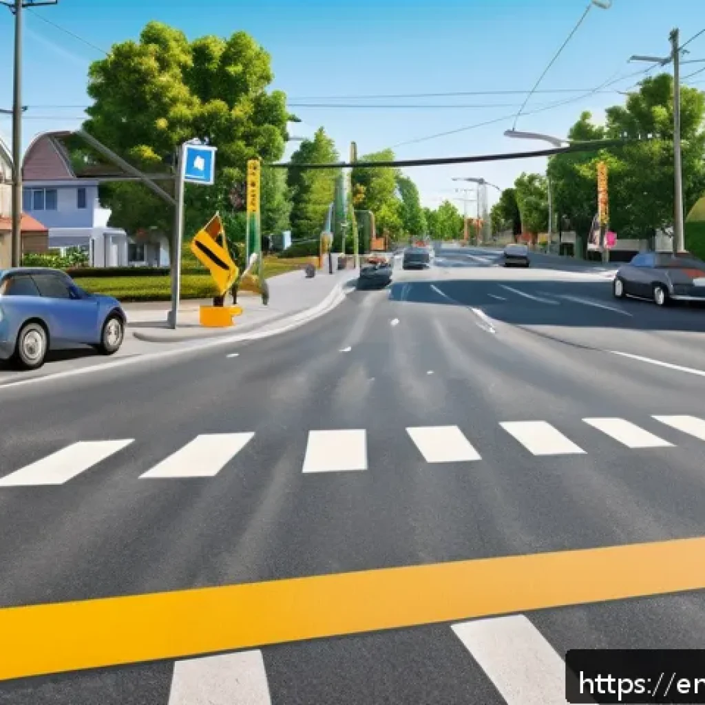 도로교통사 필기시험 준비에서 주의할 점 - A detailed, realistic illustration of a suburban street intersection showing various key traffic sig...