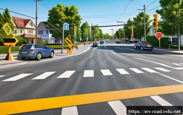 도로교통사 필기시험 준비에서 주의할 점 - A detailed, realistic illustration of a suburban street intersection showing various key traffic sig...