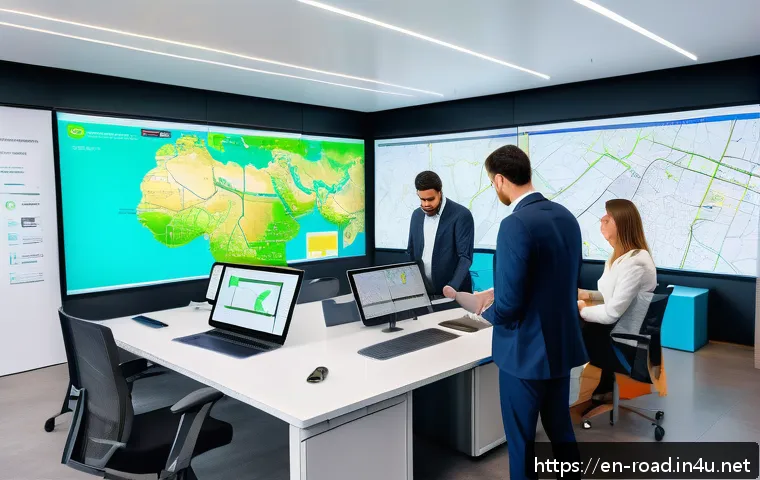 도로교통사와 공공기관 취업 - A modern urban transit planning office scene showing a diverse team of professionals collaborating a...