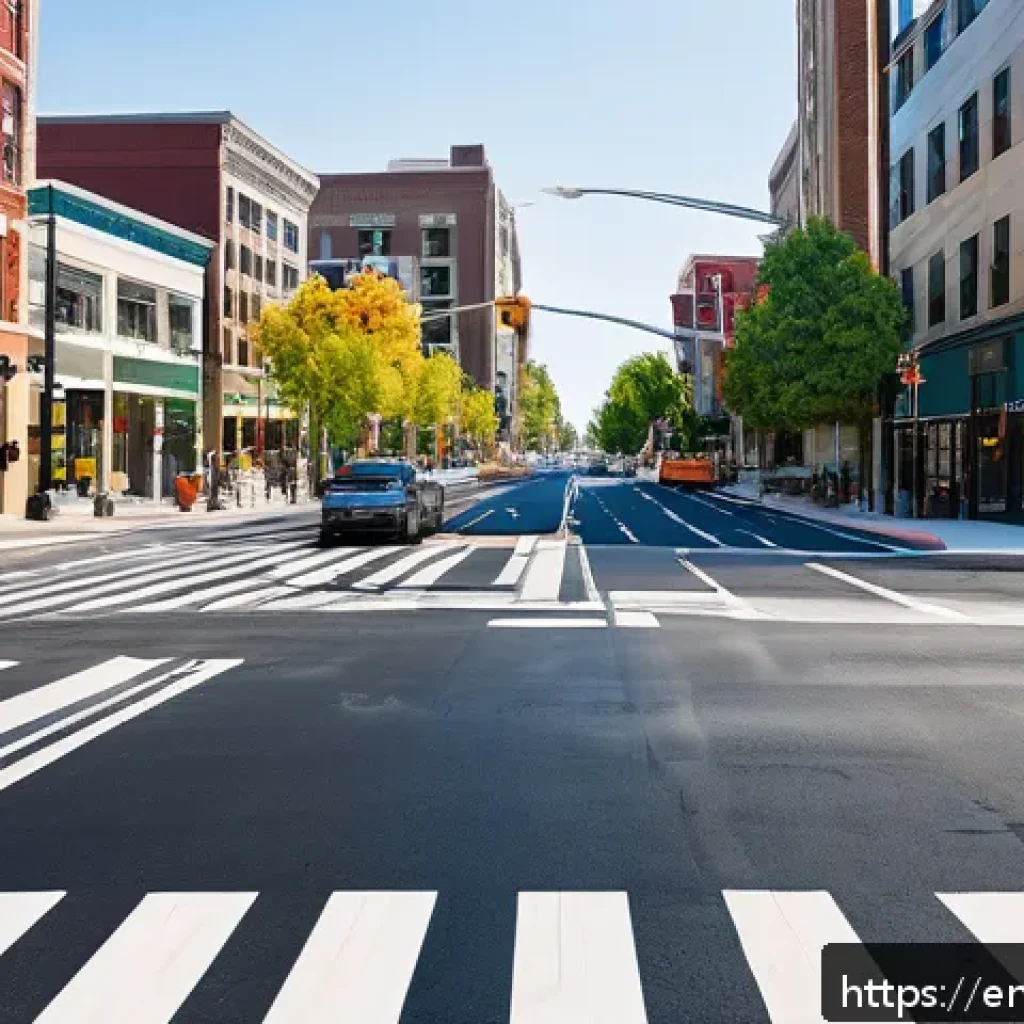 도로교통사 자격증 시험 과목 정리 - A detailed and realistic scene of a modern urban intersection in the United States during daytime, f...