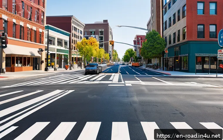도로교통사 자격증 시험 과목 정리 - A detailed and realistic scene of a modern urban intersection in the United States during daytime, f...