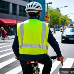 도로교통사 실무에서의 팀워크 - A busy urban crosswalk scene during daytime showing diverse road users including drivers, cyclists, ...