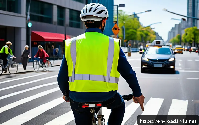 도로교통사 실무에서의 팀워크 - A busy urban crosswalk scene during daytime showing diverse road users including drivers, cyclists, ...