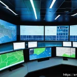 도로교통사 직무 수행을 위한 기술 - A futuristic urban traffic control center interior, featuring large digital dashboards displaying re...