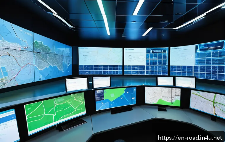 도로교통사 직무 수행을 위한 기술 - A futuristic urban traffic control center interior, featuring large digital dashboards displaying re...