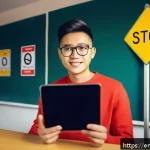 도로교통사 필기시험 고득점을 위한 준비 - A detailed, realistic classroom scene focused on a young adult studying traffic rules using a digita...