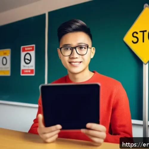 도로교통사 필기시험 고득점을 위한 준비 - A detailed, realistic classroom scene focused on a young adult studying traffic rules using a digita...