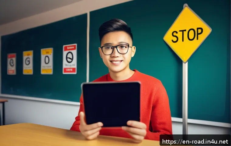 도로교통사 필기시험 고득점을 위한 준비 - A detailed, realistic classroom scene focused on a young adult studying traffic rules using a digita...