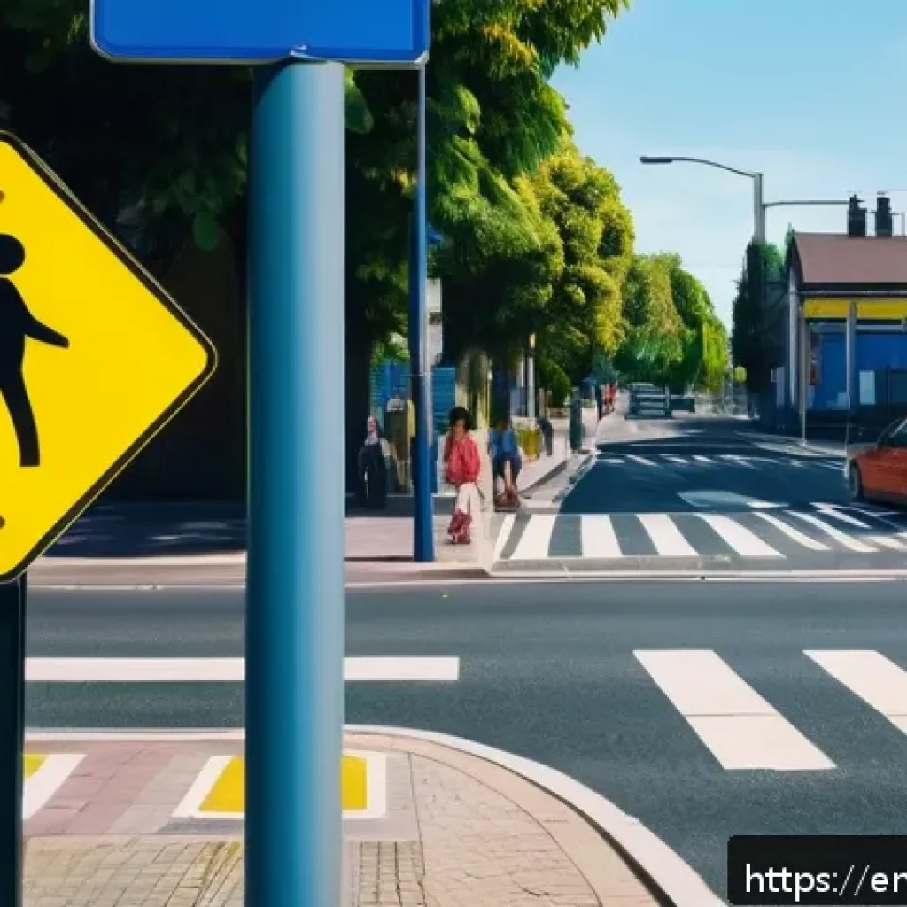 도로교통사 필기시험에서 자주 나오는 이론 - A detailed urban street scene showing a complex road sign combining a pedestrian crossing symbol and...