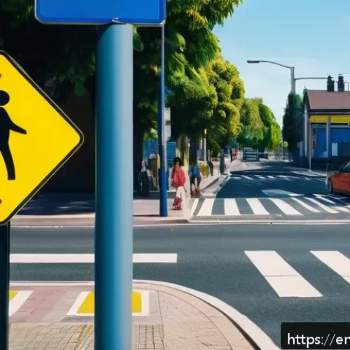 도로교통사 필기시험에서 자주 나오는 이론 - A detailed urban street scene showing a complex road sign combining a pedestrian crossing symbol and...
