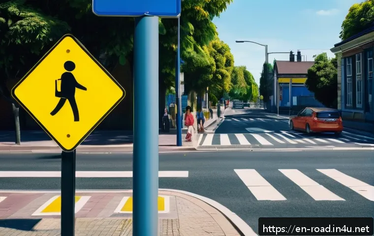 도로교통사 필기시험에서 자주 나오는 이론 - A detailed urban street scene showing a complex road sign combining a pedestrian crossing symbol and...
