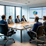 도로교통사 실무에서의 협상 기술 - A professional urban traffic engineering meeting scene in a modern conference room, diverse group of...
