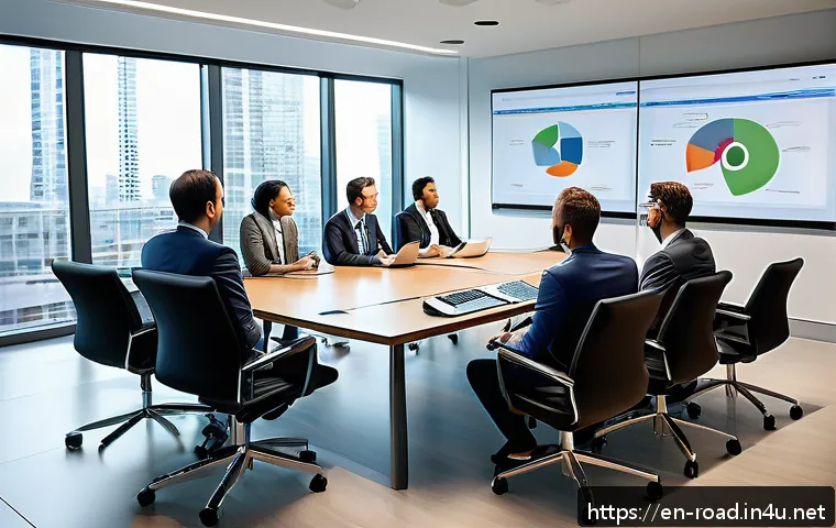 도로교통사 실무에서의 협상 기술 - A professional urban traffic engineering meeting scene in a modern conference room, diverse group of...