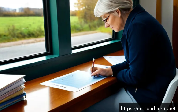 도로교통사 필기시험 기출문제 풀이 - Photorealistic driving theory test preparation scene in a quiet public library, mature adult learner...